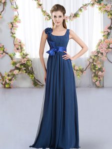 Fashionable Sleeveless Chiffon Floor Length Zipper Damas Dress in Navy Blue with Belt and Hand Made Flower