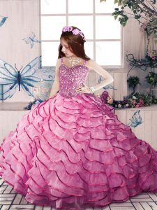 Fashionable Sleeveless Beading and Ruffled Layers Lace Up Little Girl Pageant Gowns with Pink Court Train