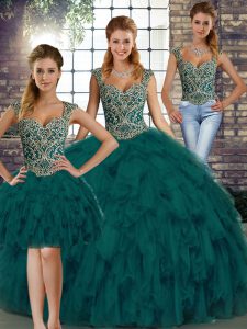 Fine Peacock Green Lace Up Quinceanera Dresses Beading and Ruffles Sleeveless Floor Length