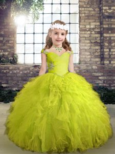 Best Selling Ball Gowns Pageant Dress Toddler Yellow Green Straps Tulle Sleeveless Floor Length Lace Up