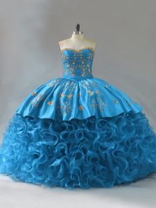 Graceful Blue Ball Gowns Fabric With Rolling Flowers Sweetheart Sleeveless Embroidery and Ruffles Lace Up Ball Gown Prom Dress Brush Train