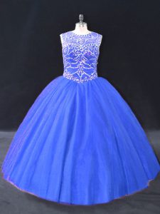 Traditional Blue Ball Gowns Beading Sweet 16 Quinceanera Dress Lace Up Tulle Sleeveless Floor Length