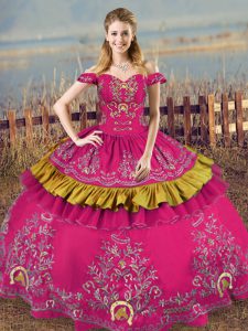Clearance Floor Length Lace Up Quinceanera Dresses Fuchsia for Sweet 16 and Quinceanera with Embroidery