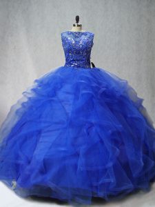 Discount Ball Gowns Sleeveless Royal Blue 15 Quinceanera Dress Brush Train Lace Up