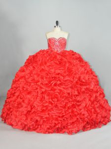 Red Organza Lace Up Sweet 16 Dress Sleeveless Brush Train Beading and Ruffles
