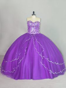 Charming Purple Lace Up Sweetheart Beading and Sequins Vestidos de Quinceanera Tulle Sleeveless Brush Train