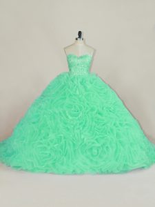 Customized Green Ball Gowns Beading and Ruffles Quince Ball Gowns Lace Up Fabric With Rolling Flowers Sleeveless