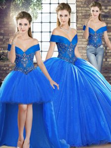 Royal Blue Sweet 16 Dresses Off The Shoulder Sleeveless Brush Train Lace Up