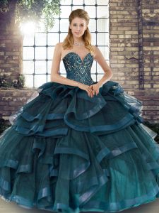 Inexpensive Beading and Ruffles Sweet 16 Quinceanera Dress Teal Lace Up Sleeveless Floor Length