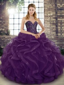 Customized Ball Gowns 15th Birthday Dress Dark Purple Sweetheart Tulle Sleeveless Floor Length Lace Up