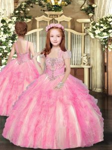 Tulle Straps Sleeveless Lace Up Beading and Ruffles Little Girl Pageant Dress in Baby Pink
