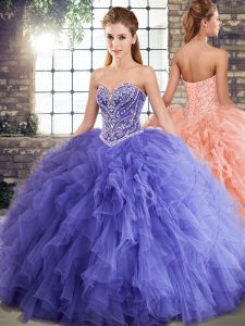 Lavender Tulle Lace Up Sweetheart Sleeveless Floor Length Vestidos de Quinceanera Beading and Ruffles