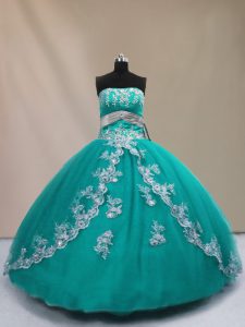 Floor Length Lace Up Vestidos de Quinceanera Turquoise for Sweet 16 and Quinceanera with Appliques