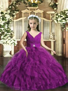 Eye-catching V-neck Sleeveless Backless Little Girls Pageant Gowns Eggplant Purple Organza