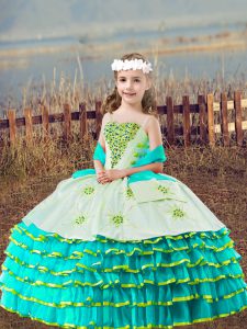 Aqua Blue Lace Up Straps Beading and Embroidery and Ruffled Layers Pageant Dress for Teens Organza Sleeveless