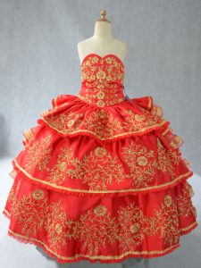 Red Sleeveless Floor Length Embroidery and Ruffled Layers Lace Up Child Pageant Dress