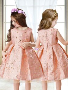 Pink A-line Scoop Sleeveless Satin Mini Length Zipper Embroidery Little Girl Pageant Gowns