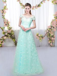 Luxurious Appliques Quinceanera Dama Dress Apple Green Lace Up Cap Sleeves Floor Length