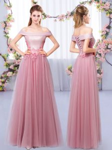 Clearance A-line Court Dresses for Sweet 16 Pink Off The Shoulder Tulle Sleeveless Floor Length Lace Up
