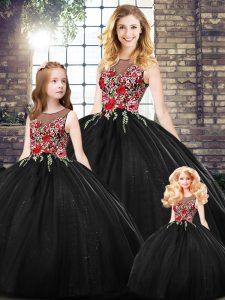 Beauteous Black Ball Gowns Scoop Sleeveless Floor Length Zipper Embroidery Quinceanera Gown