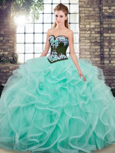 Adorable Aqua Blue Sleeveless Embroidery and Ruffles Lace Up Quinceanera Dresses
