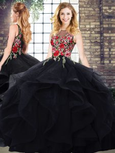 Flare Black Zipper Quinceanera Gown Embroidery and Ruffles Sleeveless Floor Length