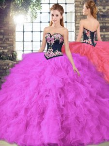 Tulle Sweetheart Sleeveless Lace Up Beading and Embroidery Quince Ball Gowns in Fuchsia