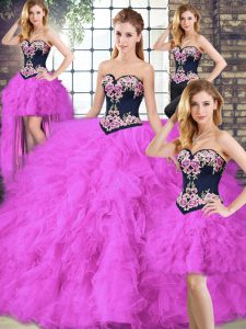 Fuchsia Sleeveless Beading and Embroidery Floor Length Quince Ball Gowns