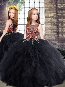 Hot Selling Black Ball Gowns Embroidery and Ruffles High School Pageant Dress Zipper Tulle Sleeveless Floor Length