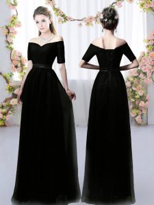 Black Chiffon Lace Up Off The Shoulder Short Sleeves Floor Length Quinceanera Dama Dress Ruching