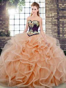 Peach Sleeveless Tulle Sweep Train Lace Up Quinceanera Gown for Sweet 16 and Quinceanera
