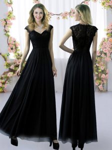 Modest Lace Damas Dress Black Zipper Cap Sleeves Floor Length