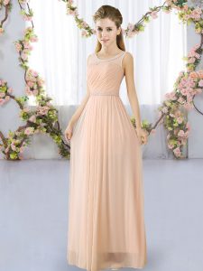 Peach Chiffon Lace Up Damas Dress Sleeveless Floor Length Belt