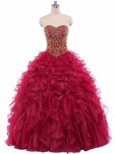 Sumptuous Organza Sweetheart Sleeveless Lace Up Beading and Ruffles Quince Ball Gowns in Wine Red