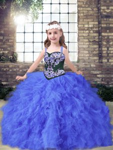 Customized Floor Length Lace Up Pageant Dress Wholesale Blue for Party and Wedding Party with Embroidery and Ruffles