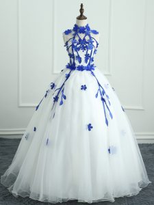 Fashionable Sleeveless Organza Floor Length Zipper Quince Ball Gowns in White with Appliques
