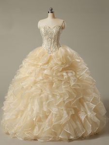 Customized Champagne Organza Lace Up Sweetheart Sleeveless Floor Length Sweet 16 Dresses Beading and Ruffles