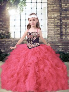 Charming Ball Gowns Pageant Dress Coral Red Straps Tulle Sleeveless Floor Length Lace Up