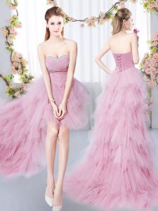 Dynamic Pink Sleeveless High Low Beading and Ruffles Lace Up Quinceanera Dama Dress