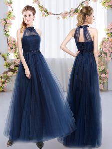 Graceful Floor Length Navy Blue Damas Dress High-neck Sleeveless Lace Up