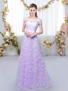 Great Lavender Empire Tulle Off The Shoulder Cap Sleeves Appliques Floor Length Lace Up Court Dresses for Sweet 16