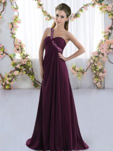 Elegant Empire Sleeveless Dark Purple Quinceanera Court of Honor Dress Brush Train Lace Up