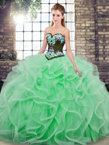 Fashionable Apple Green Lace Up Sweetheart Embroidery and Ruffles Sweet 16 Dress Tulle Sleeveless Sweep Train