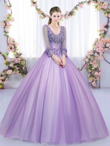 Free and Easy Lavender V-neck Zipper Lace and Appliques Ball Gown Prom Dress Long Sleeves