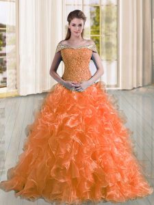 New Arrival Orange Sleeveless Organza Sweep Train Lace Up Sweet 16 Quinceanera Dress for Military Ball and Sweet 16 and Quinceanera