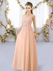 Peach Chiffon Lace Up Strapless Sleeveless Floor Length Quinceanera Court Dresses Lace and Belt