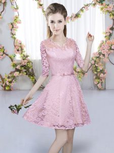 Comfortable Lace V-neck Half Sleeves Zipper Belt Dama Dress for Quinceanera in Pink