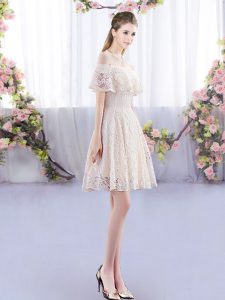 Fashion Champagne Empire Off The Shoulder Short Sleeves Lace Mini Length Lace Up Quinceanera Court of Honor Dress