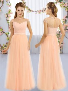 Customized Peach Zipper High-neck Beading Court Dresses for Sweet 16 Tulle Cap Sleeves