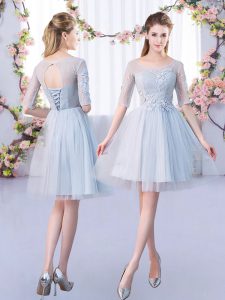 Custom Design Tulle Scoop Half Sleeves Lace Up Lace Quinceanera Court of Honor Dress in Grey